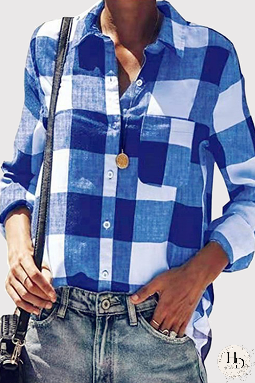 Casual Plaid Pocket Buckle Turndown Collar Tops