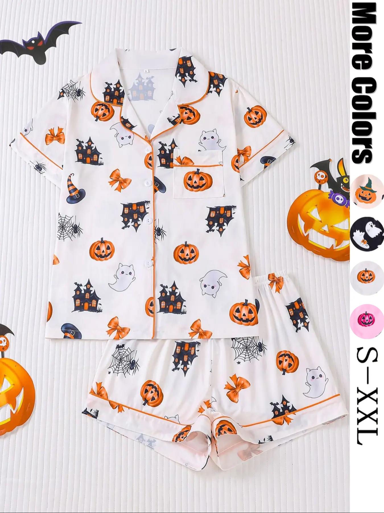 Women Christmas Pajama Set, Santa & Bowknot Tree Pattern, Short Sleeve Button-Up Shirt & Elastic Shorts, Casual All-Season Sleepwear Loungewear