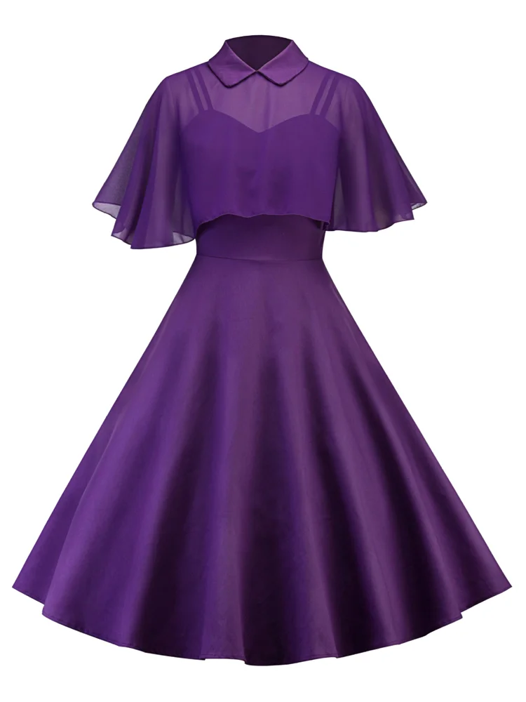 Turn Down Collar Chiffon Cape Vintage Two Piece Dress Women 50S Elegant Party Wear Summer A Line Midi Swing Dresses