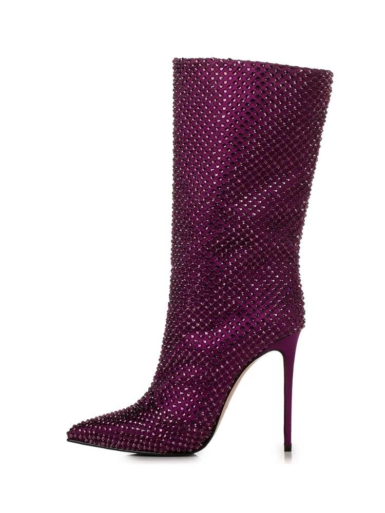 Purple Crystals Satin Pointed Toe Slip On Stiletto Heel Mid Calf Boots