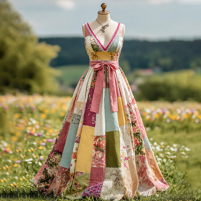 Women's Vintage Floral Art Patchwork V Neck Comfy Maxi Dress