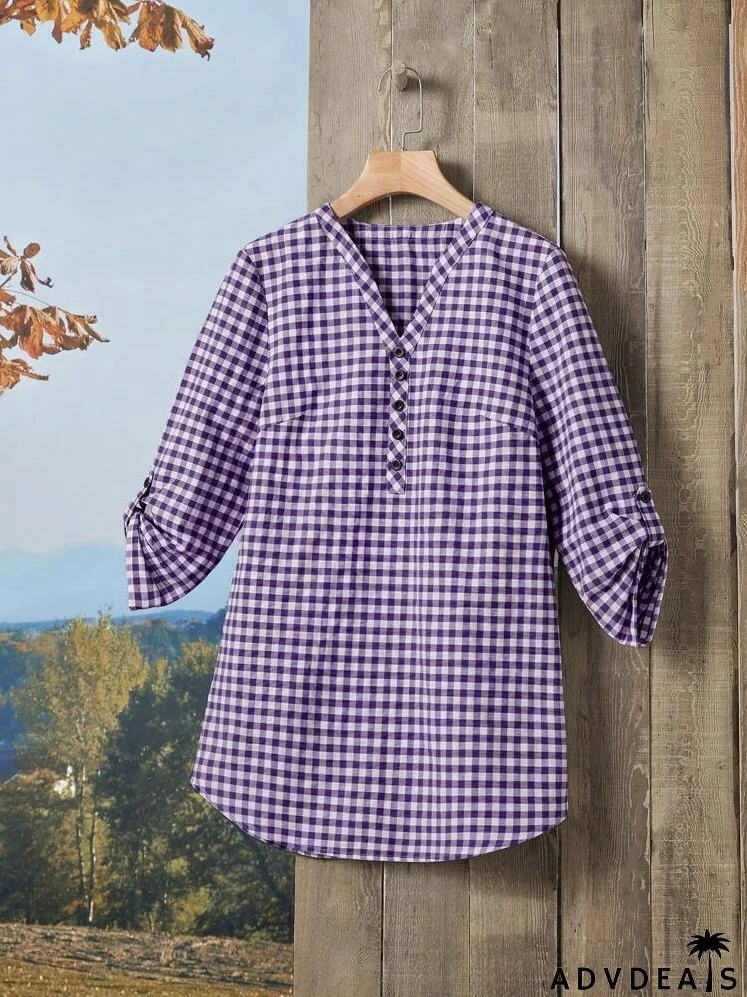 Gingham Print Half Button Roll Tab Sleeve Blouse