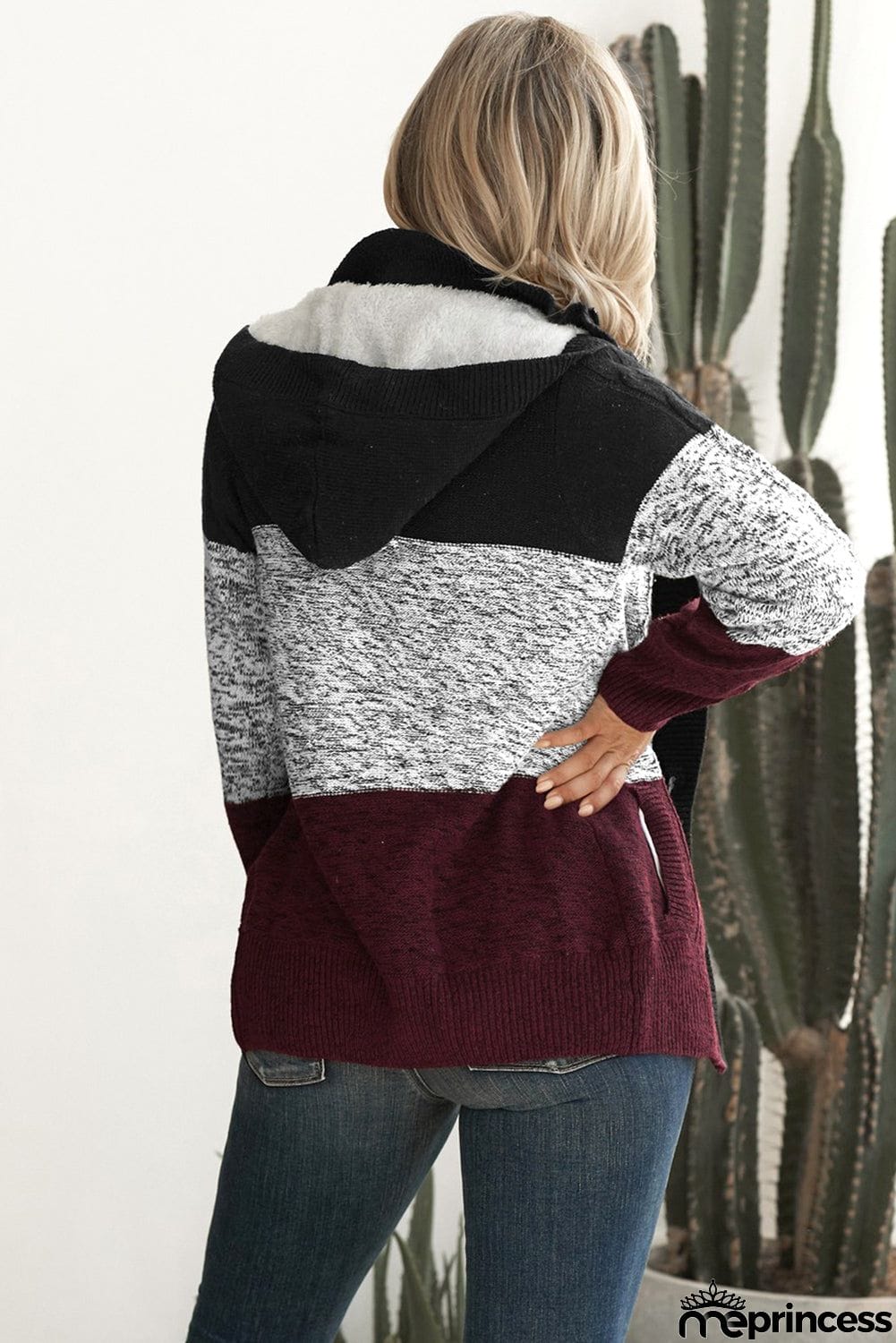 Winter Wine Hooded Button Cable Knit Cardigan