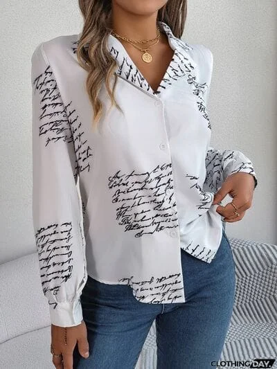 Letter Printed Button Up Long Sleeve Blouse