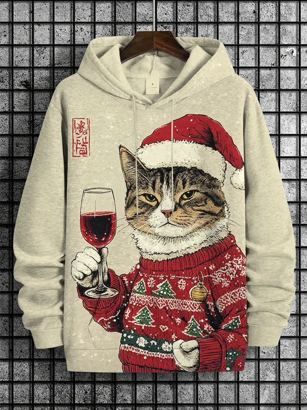 Men's Cat Toast Celebrate Christmas Print Hooded Sweatshirt