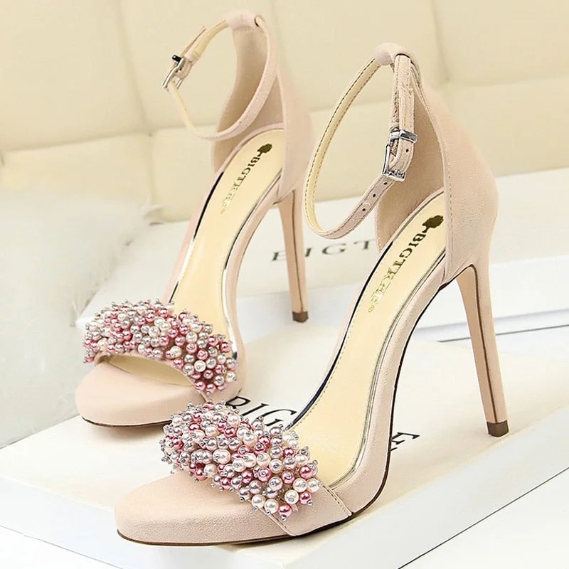 BIGTREE Shoes Pearl Rhinestones Super High Heels Suede Women Heels Sexy Party Shoes Summer Women Sandals Stiletto Women Pumps