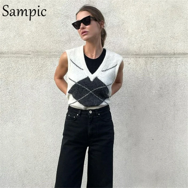Sampic Women's Vest Sleeveless Y2K Argyle Knitted Sweater Vest 2021 Winter Autumn Basic Jumpers Tops Mini Warm Pullover Vest
