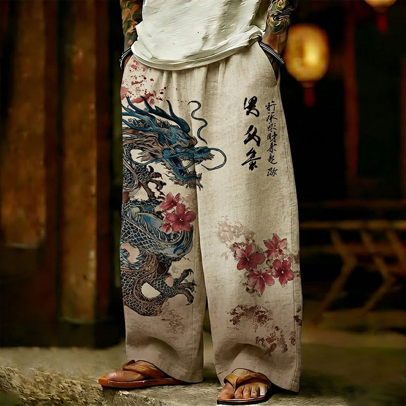 Men's Retro Japanese Style Dragon And Floral Print Casual Pants elevenforest