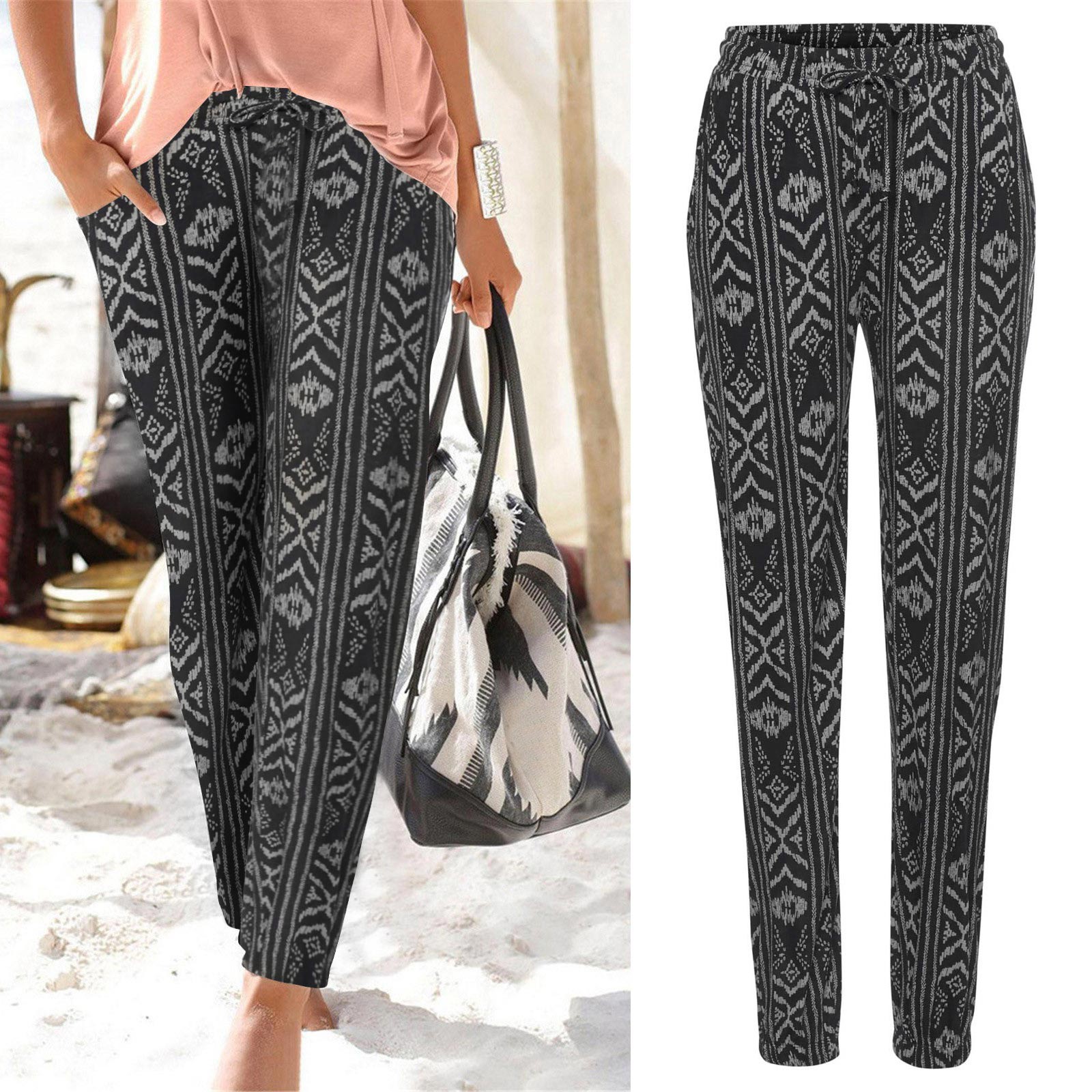 Bonusbuk Summer Bohemian Casual Pants Women Floral Print Slim Joggers Tech Pants Female Linen Harem Pants Vintage Leggings Tights Pants