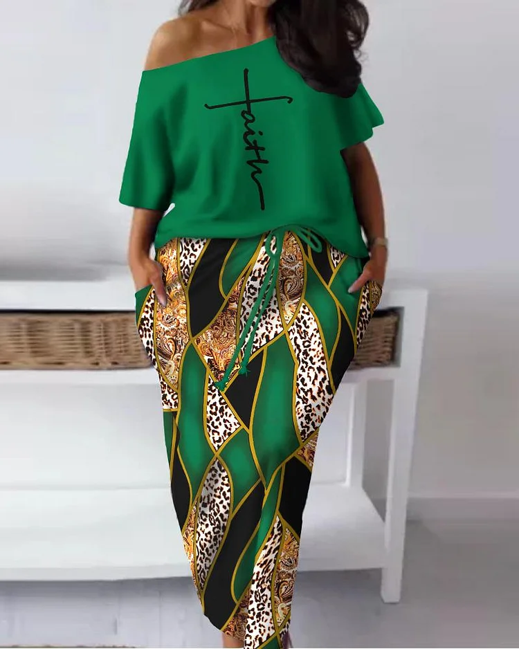 Plus Size Faith Baroque Leopard Print Skew Neck Top & Drawstring Skirt Set
