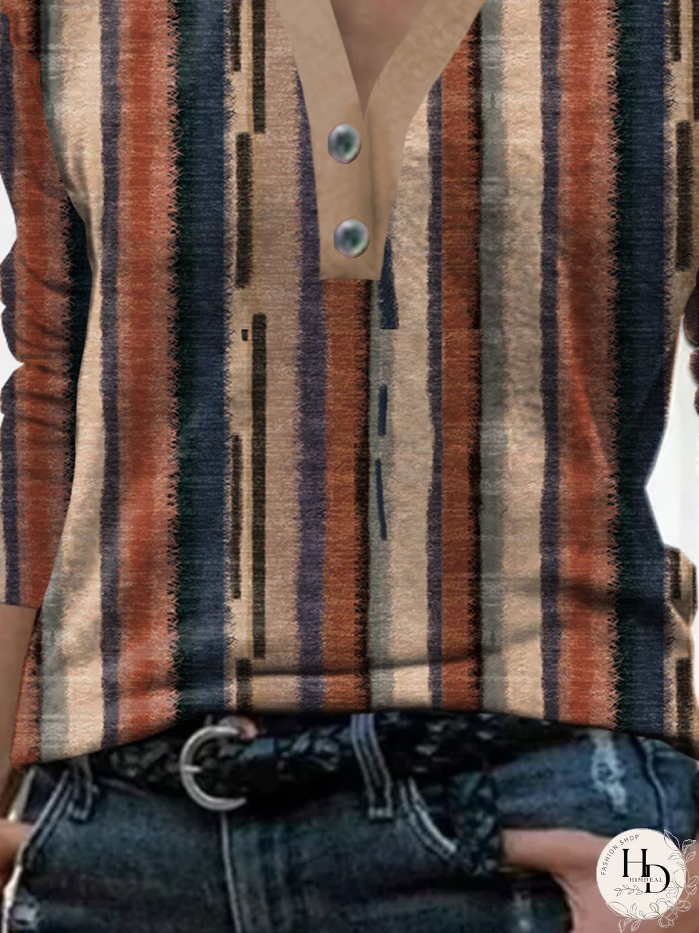 Striped Long Sleeve Buttoned Notched Plus Size Casual T-Shirt