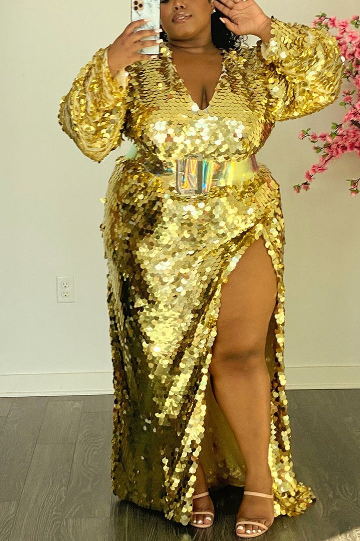 Xpluswear Plus Size Party Reflective Sparkly Iridescent Round Sequin V Neck High Slit Maxi Dress (With Belt)