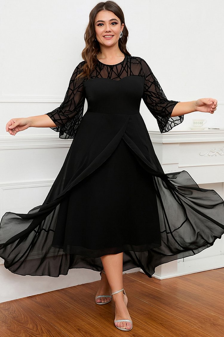 Flycurvy Plus Size Formal Black Lace Asymmetrical Hem Double Layer Flare Sleeve Tea-Length Dress  Flycurvy [product_label]