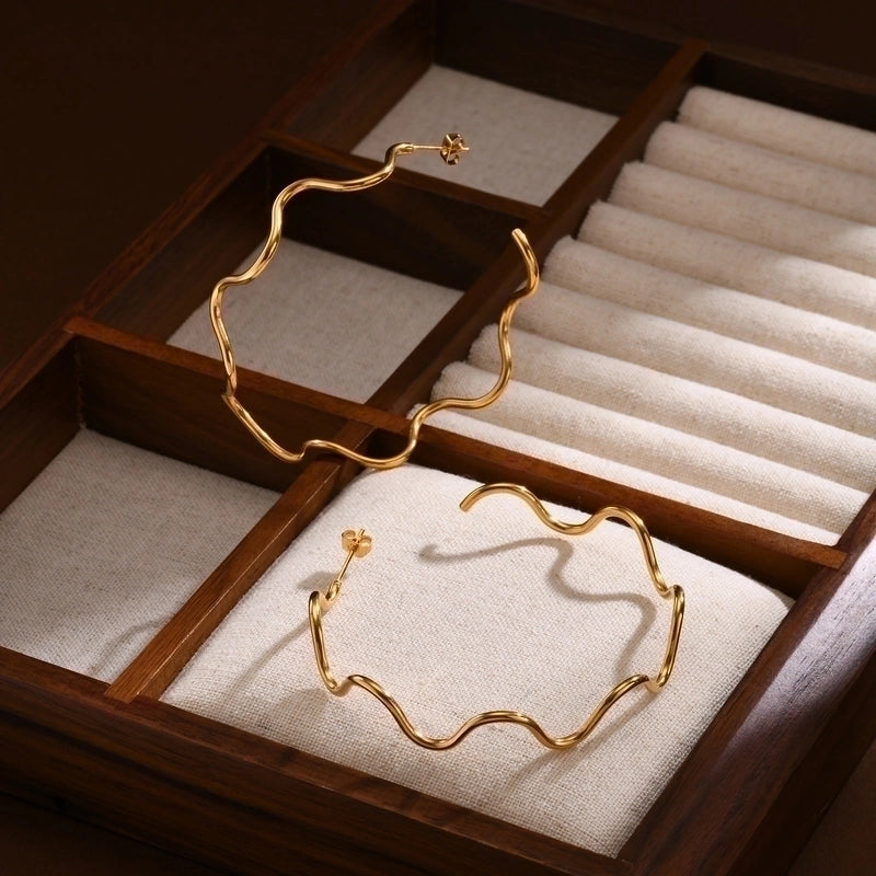 IG Style Minimalist Waves 304 Stainless Steel 18K Gold Plated Bangle Earrings Necklace