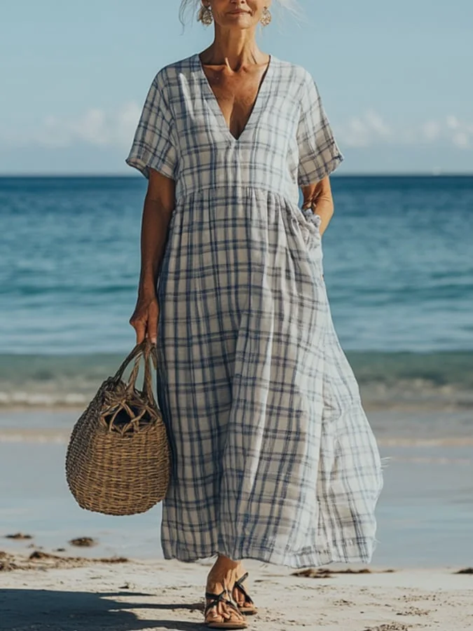 Women'S Retro Casual Plaid Print Cotton And Linen Dress 