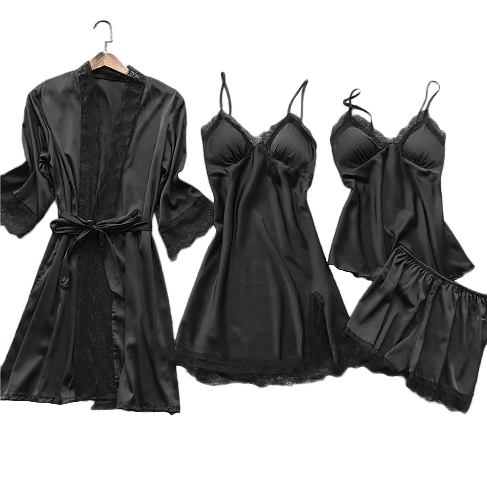 CALOFE Summer 2023 Women Pajama Sets 4 Pcs  Lace Pyjamas Women Satin Silk Sleepwear  Pijama with Chest Pads Homewear