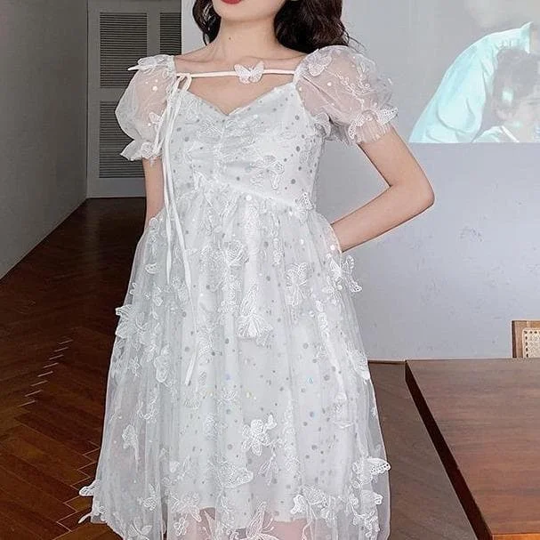 Hepburn Style Puff Sleeve Lace Embroidery A-Line Midi Dress SP15539