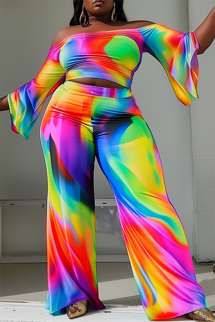 Xpluswear Design Plus Size Daily Rainbow Tie Dye Off The Shoulder Flare 3/4 Sleeve Knitted Two Piece Pant Sets [Pre-Order]