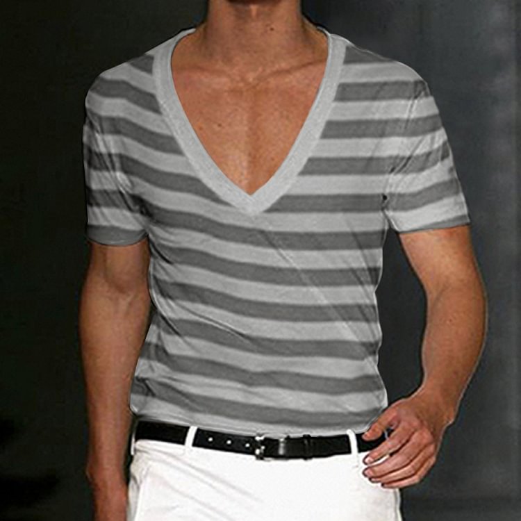 Men's Deep V Neck Striped Basic CasualT-Shirt