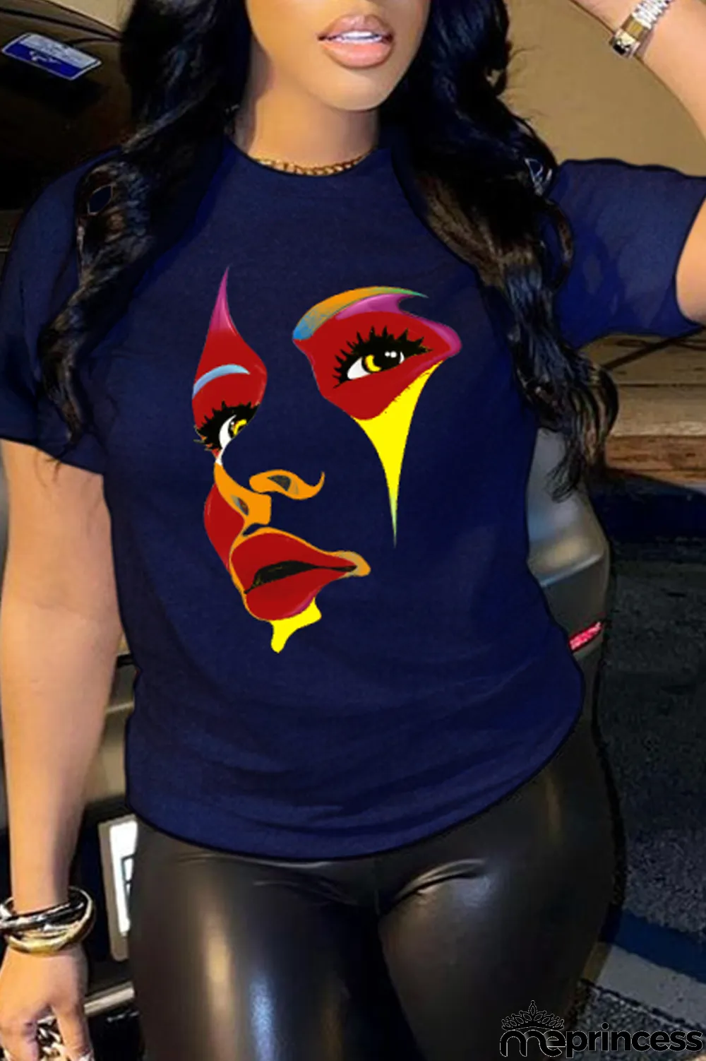 Black Street Print Patchwork O Neck T-Shirts