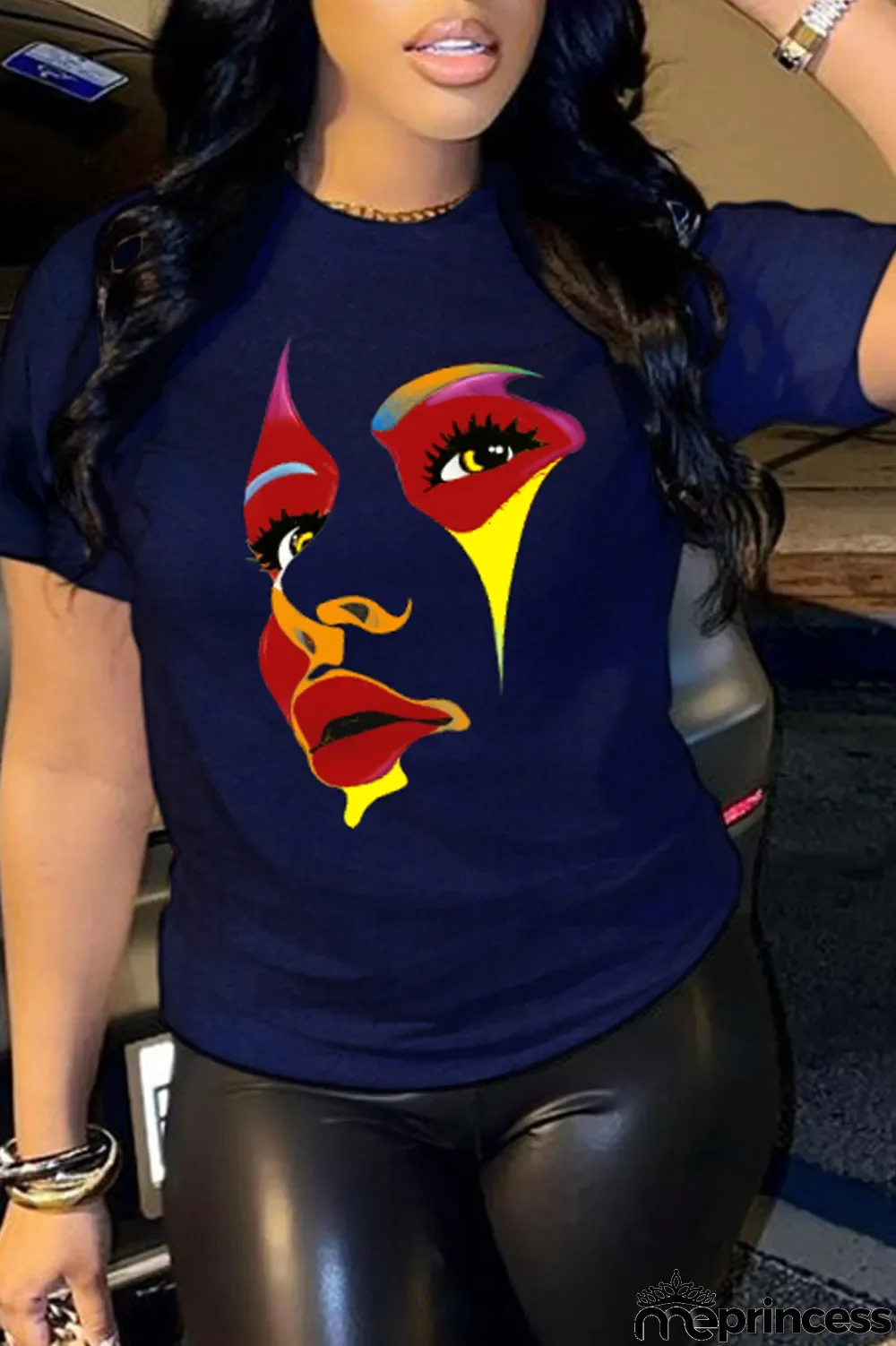 Black Street Print Patchwork O Neck T-Shirts