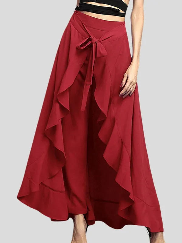 Loose Ruffle Trim Solid Color Split-Joint Tied Waist Zipper Culotte
