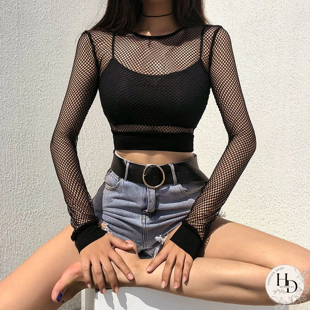 Sexy Black Hollow Out Mesh T-Shirt Female Skinny Crop Top New Fashion Summer Basic Tops For Women Fishnet Shirt