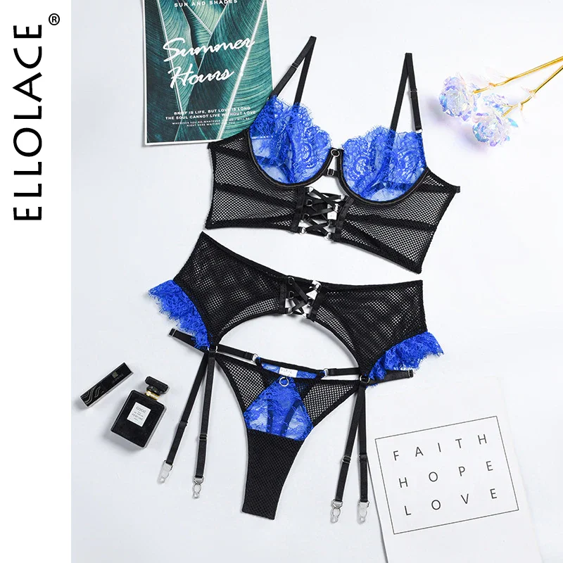 Billionm Ellolace Sensual Lingerie 3-Pieces Bandage Lace Patchwork Erotic Brief Sets See Through Beautiful Fancy Underwear