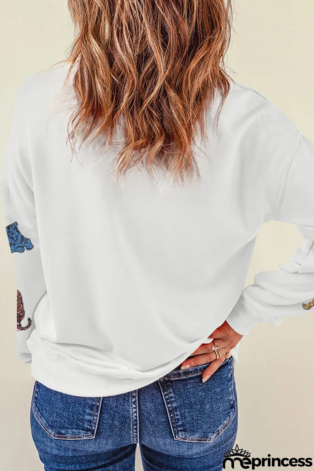 Beige Sequined Tiegers Casual Round Neck Sweatshirt