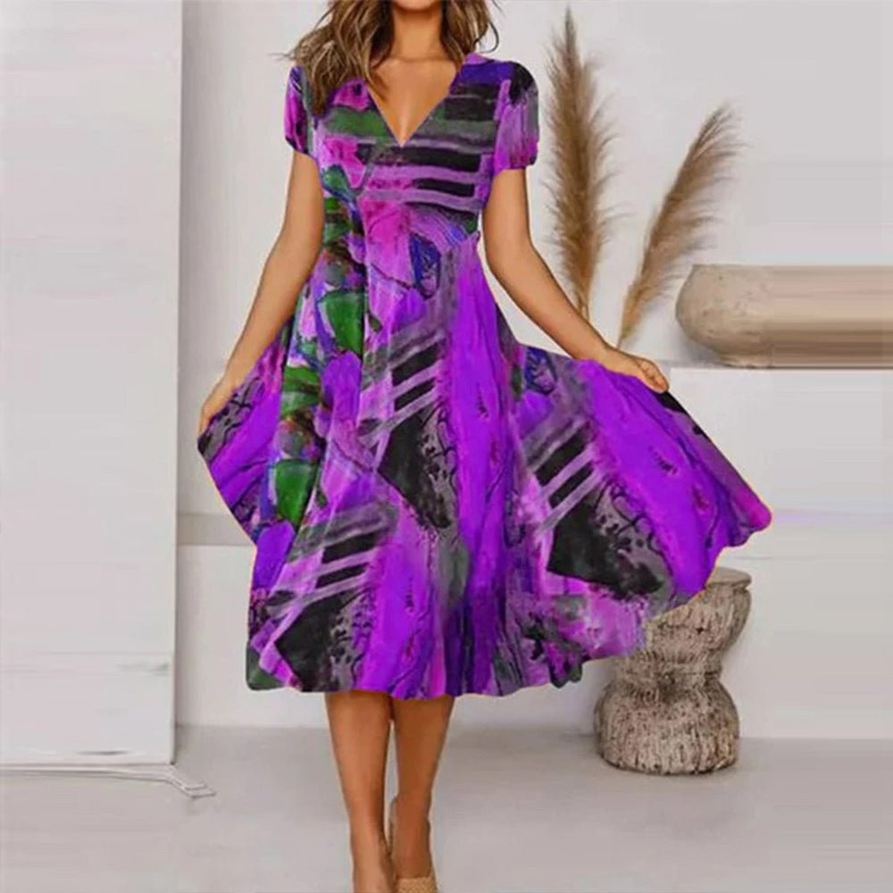 Purple Print Short Sleeve Midi Dress