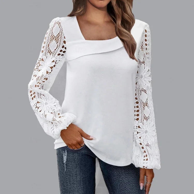 Everyday Hollow Guipure Lace Patchwork Lantern Sleeve Blouse