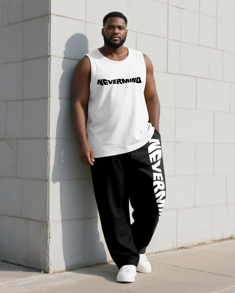 Big & Tall Men's Black And White Letter Nevermind Printed Vest Trousers Suit