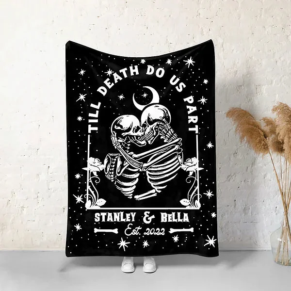 Personalised Till Death Do Us Part Couple Skull Flannel Blankets, Skeleton Blanket