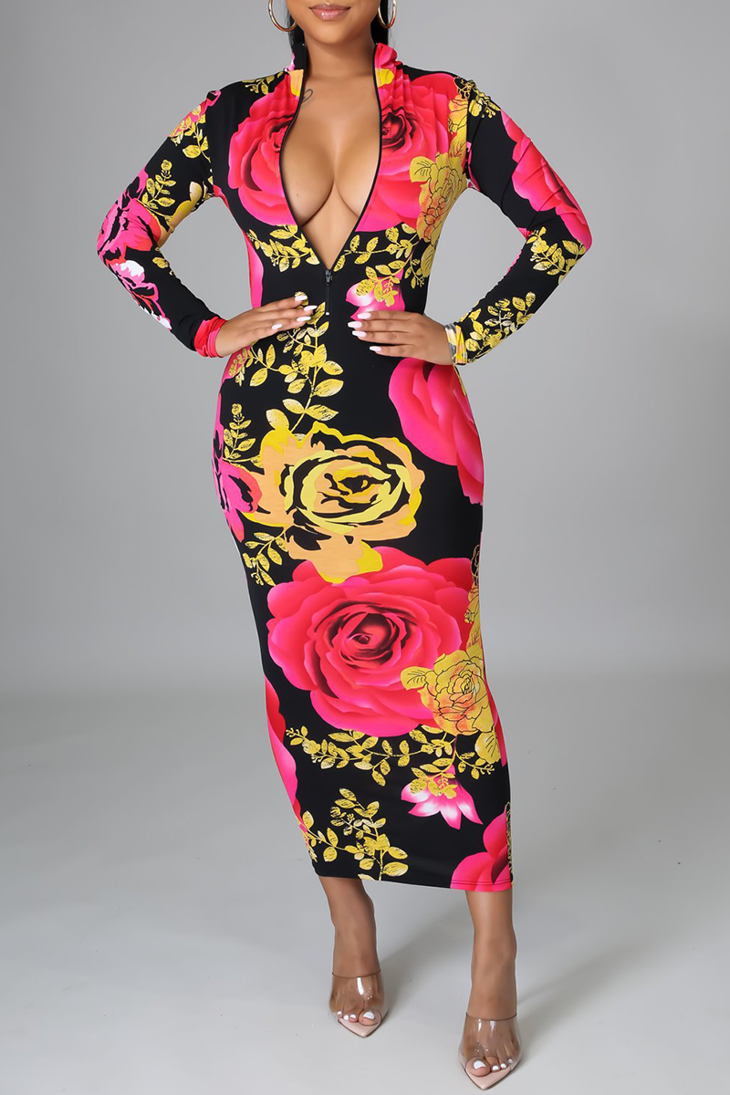 Red Sexy Print Patchwork Zipper Collar Pencil Skirt Dresses | EGEMISS