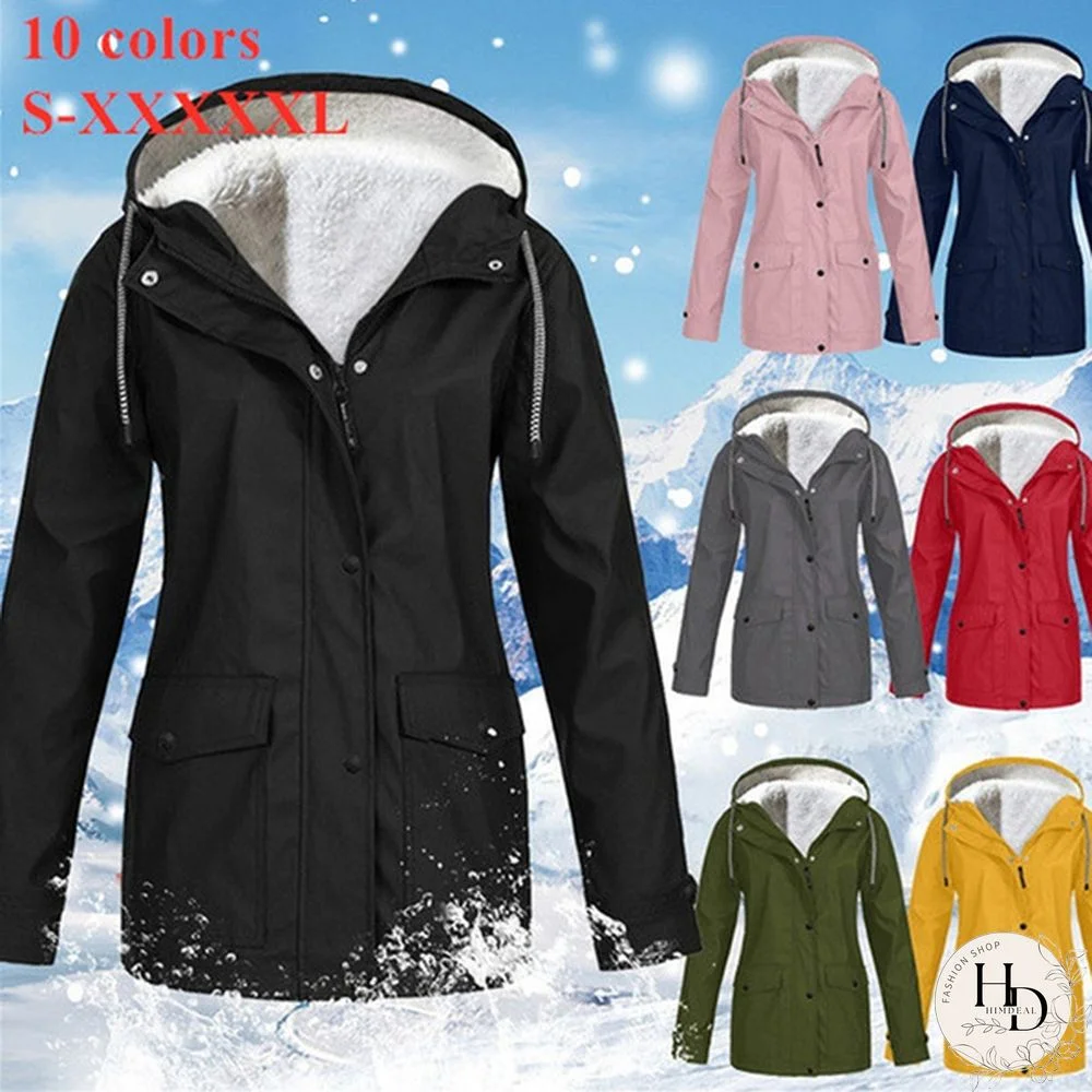 Winter Coat Women Solid Plush Thickening Jacket Outdoor Hiking Plus Size Hooded Raincoat Windproof Manteau Femme Hiver