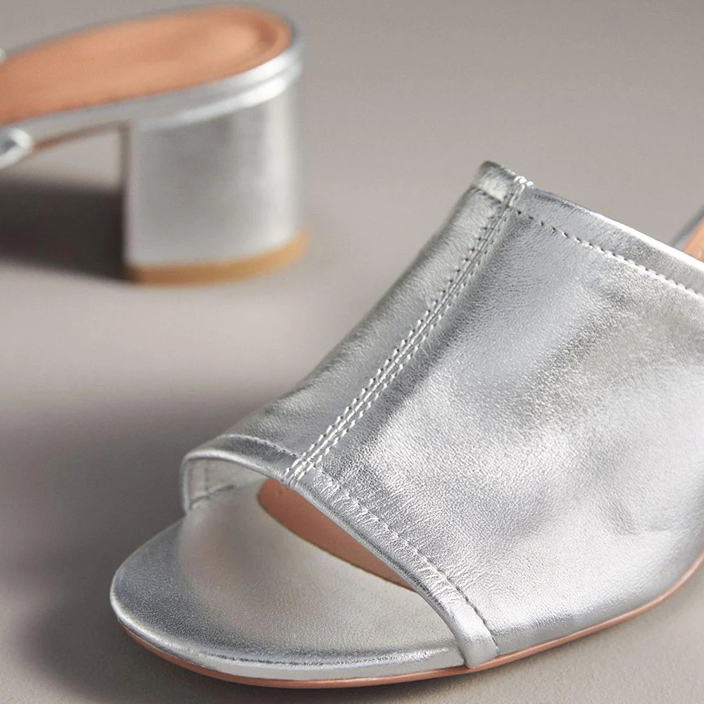 YDN Women's Open Toe Low Chunky Heel Mules Shoes in Silver