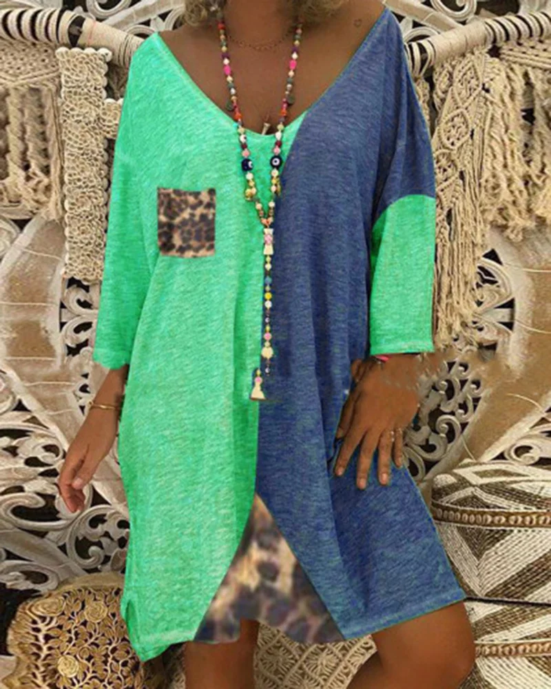 5XL V-neck Pocket Color-blocking Personality Three-quarter Sleeve Dress