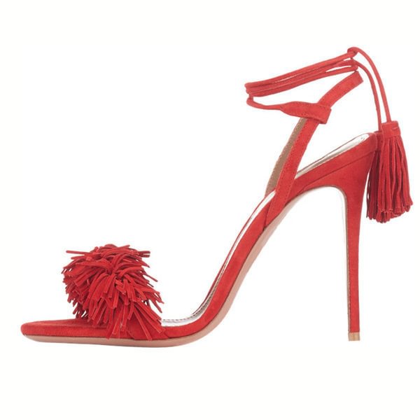 Red Fringe Sandals Tassels Strappy Heels|FSJshoes
