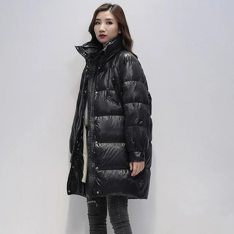 FTLZZ White Duck Down Long Jacket Woman Stand Collar Coat Winter Loose Waterproof Down Overcoat Parka Female Warm Snow Outerwear