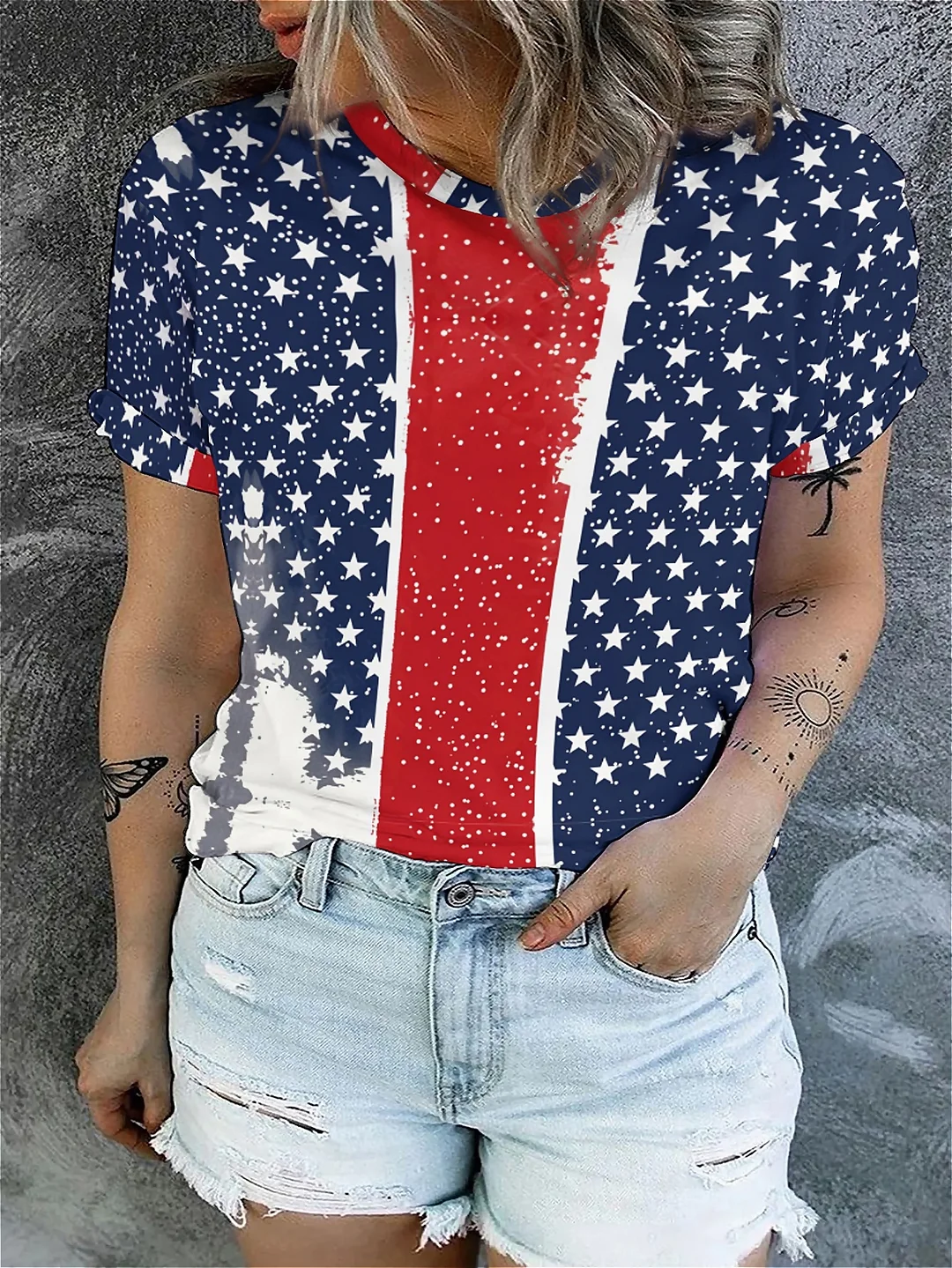 Wholesale plus size clothing  UNISEX SUMMER SHORT SLEEVE ROUND NECK TEE FOR WOMEN AND MEN Independence Day, American Flag, Blue, Red, White
