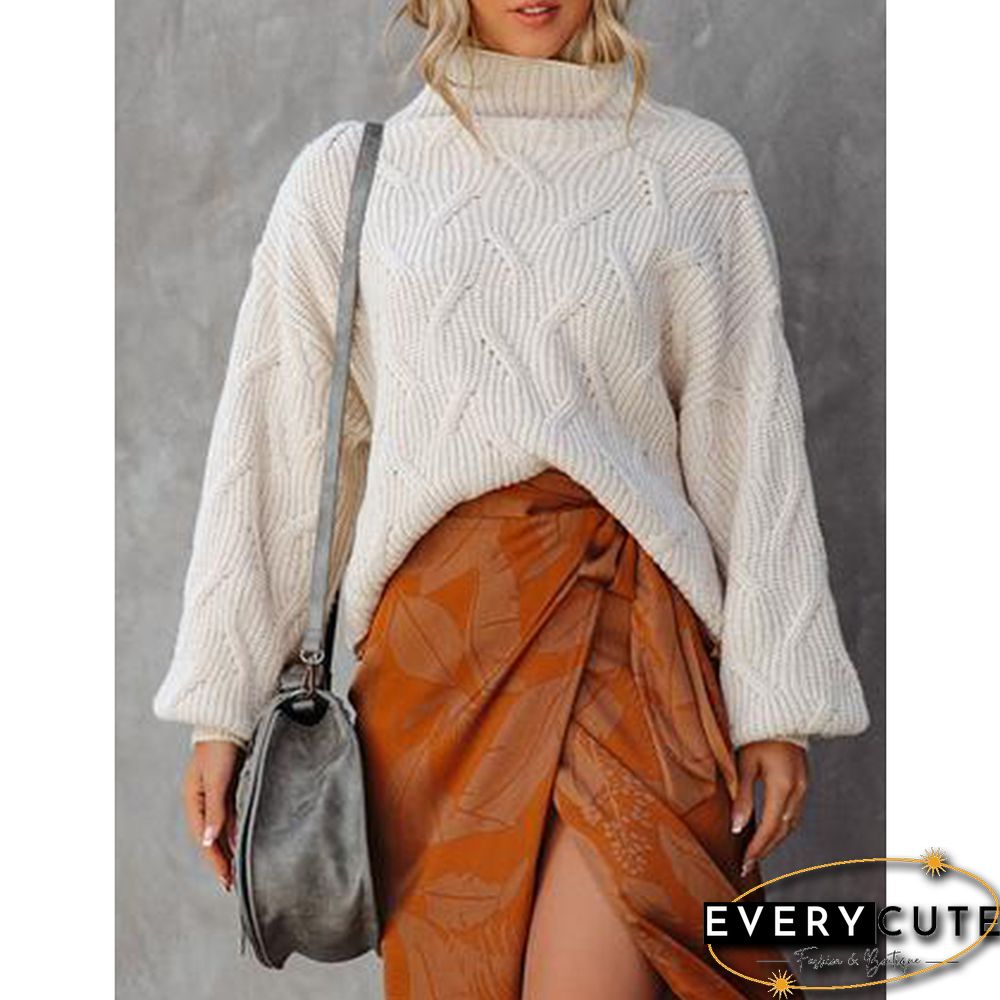 White Textured Mock Neck Solid Color Sweater