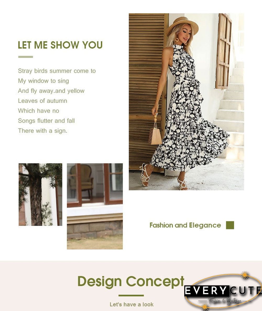 Summer New European and American Printed Open Neck Dress with Suspender