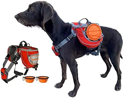 Saddlebag Back Pack & Harness Combo for Dogs | Comes with Two Collapsible Bowls