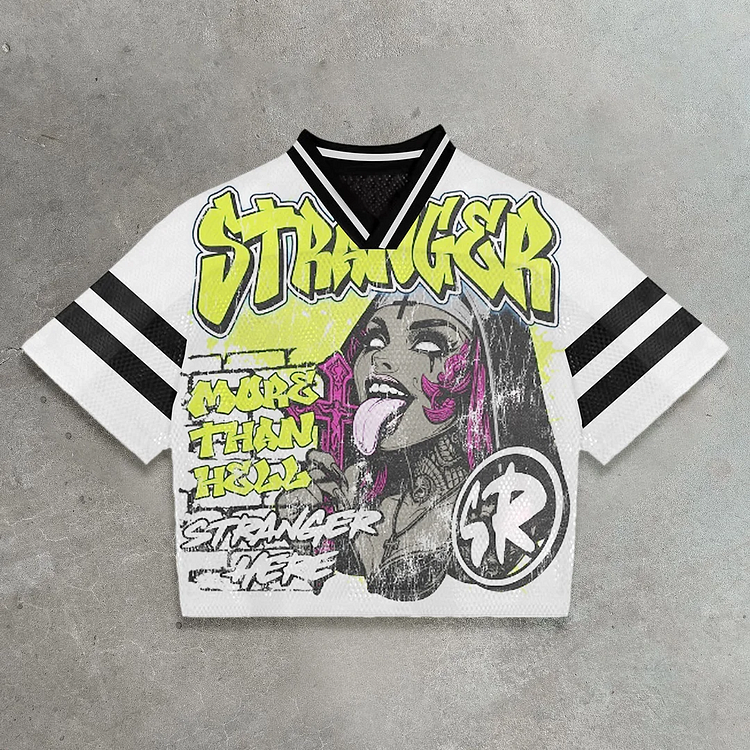Vintage Make Than Hell Stranger Here Graphics Blokecore Blokette Cotton Football V-neck Jersey T-shirt