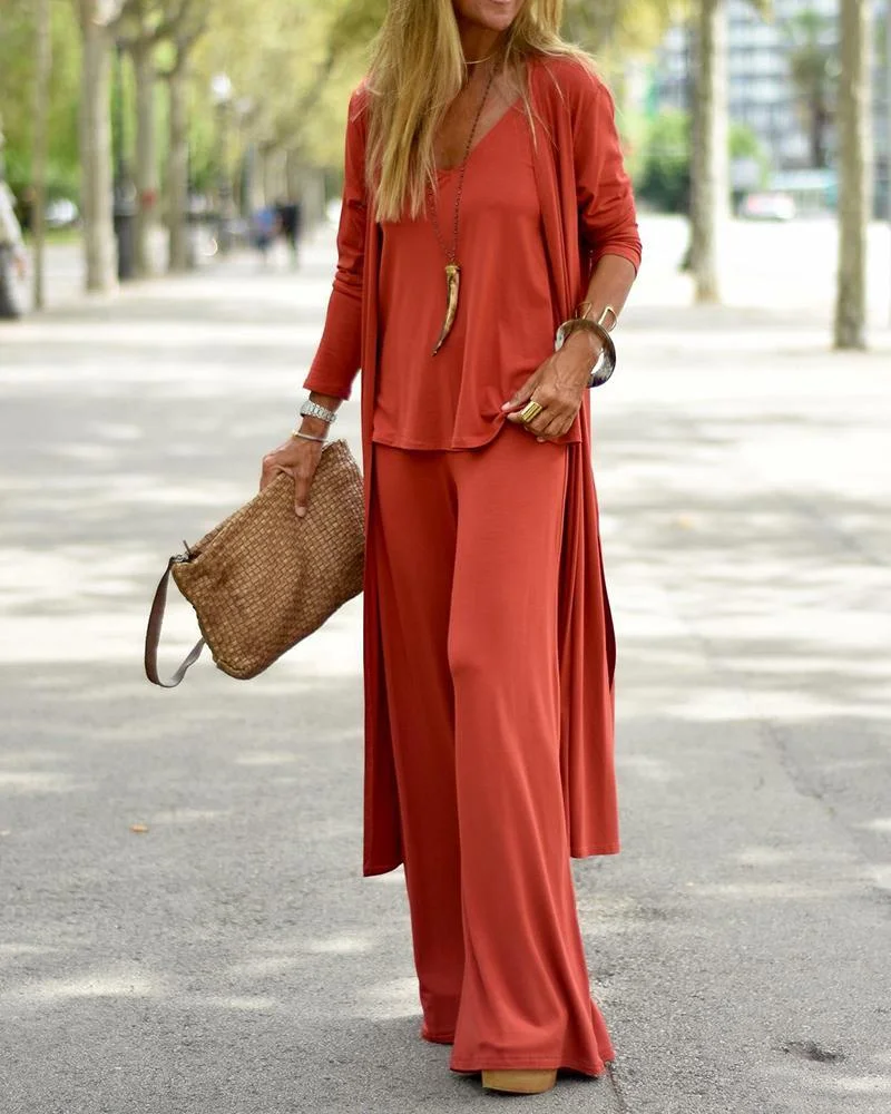 Solid Color Cardigan & V-Neck Sling Top & Casual Trousers Three Piece Set