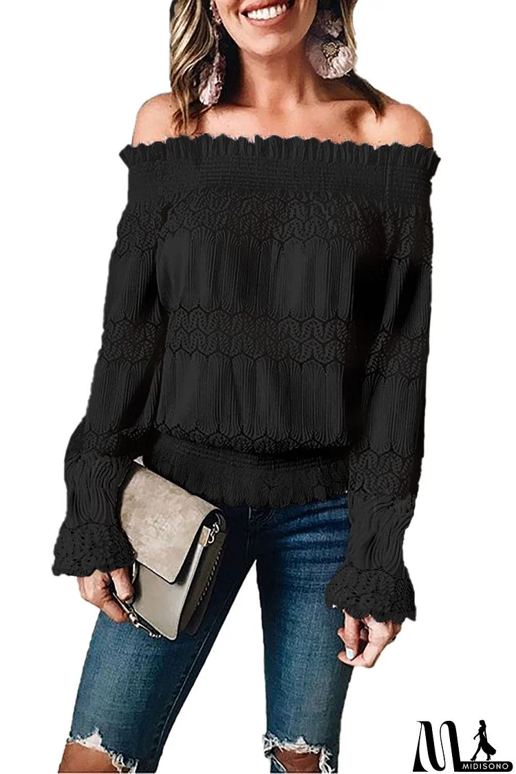 Off Shoulder Ruffle Long Sleeve Smocked Waist Lace Crochet Blouse