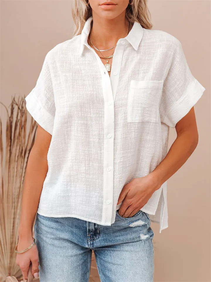  thdmladies Women's Cotton Linen Short Sleeve Blouse thedmladies