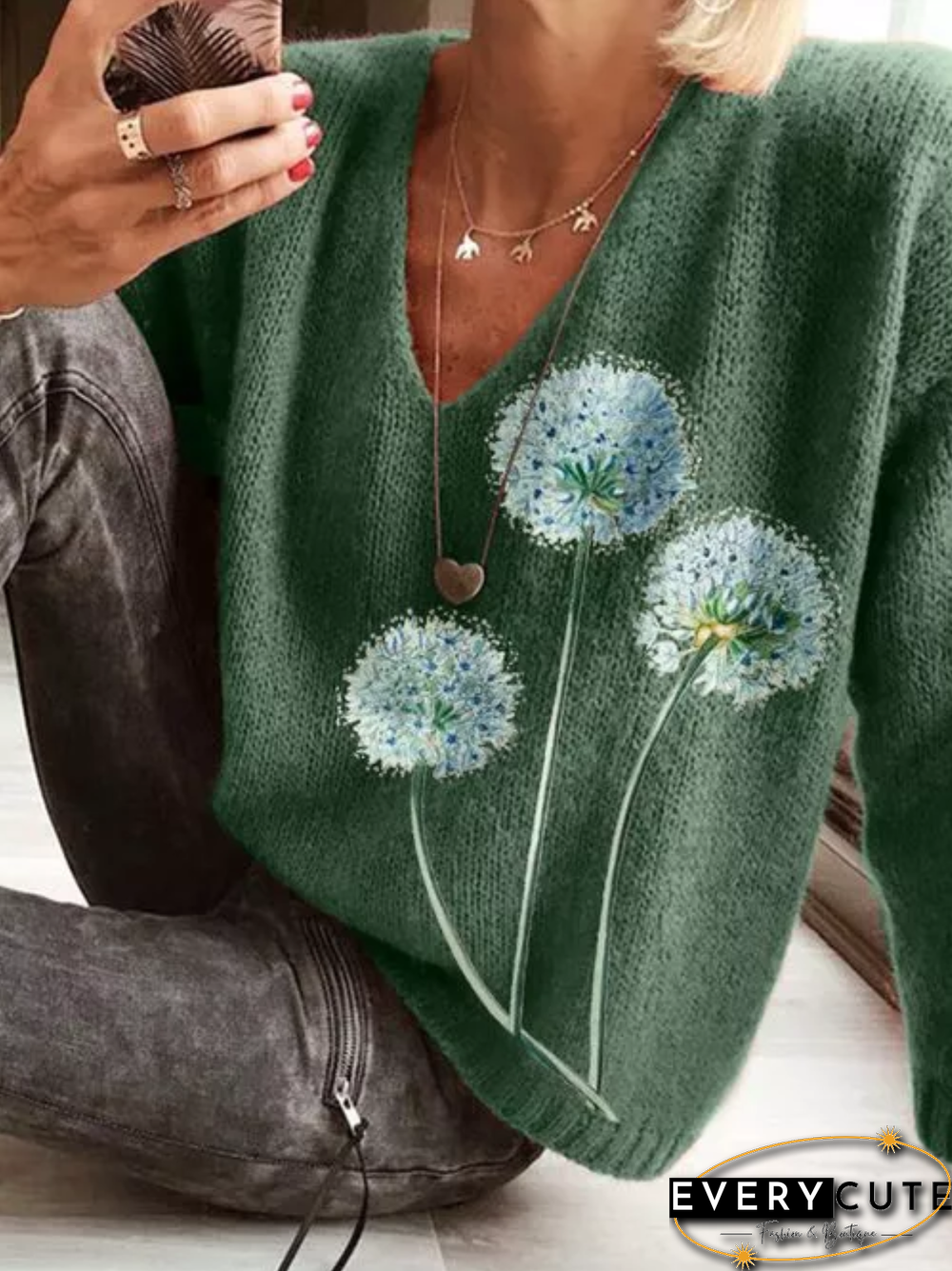 Women Sweet Spring V neck Acrylic Daily Long sleeve Sweater
