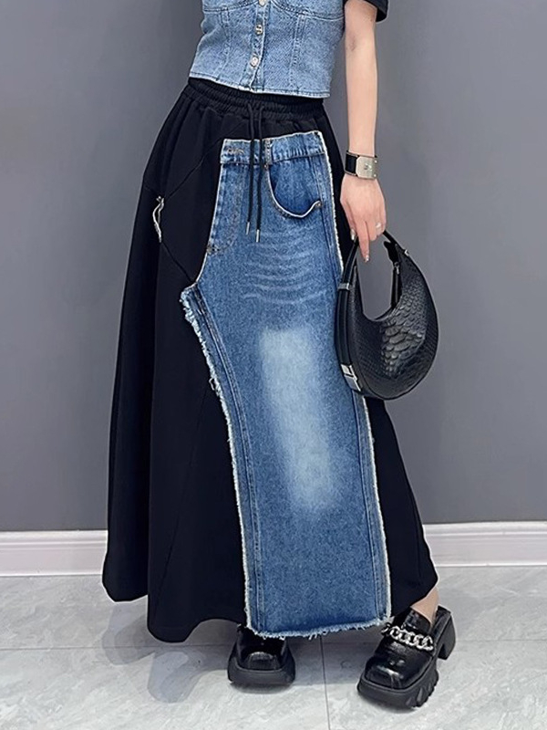 Moongor Street Style Denim Splicing Elastic Waist Skirt