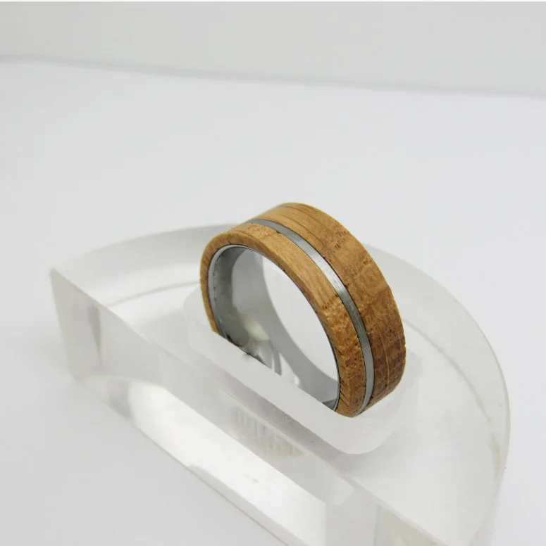8MM Silver Flat 1/3 Slot Yellow Tungsten Bands For Mens And Womens With Wine Barrel Wood Wedding